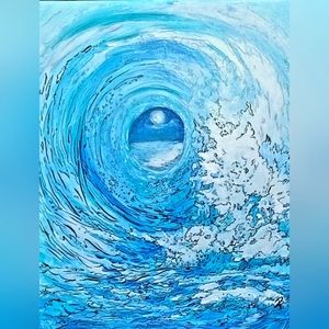 Ocean blue wave moonlight original painting on canvas seascape